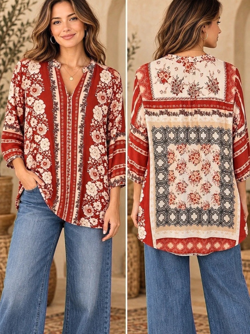 Johnny Was Silk Tunic Blouse Red & White (303067) 🌼 🦋